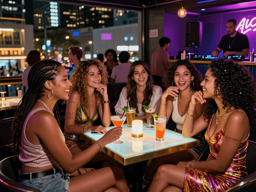 Gái gọi tận hưởng buổi tối sôi động tại bar, mặc trang phục thời trang.