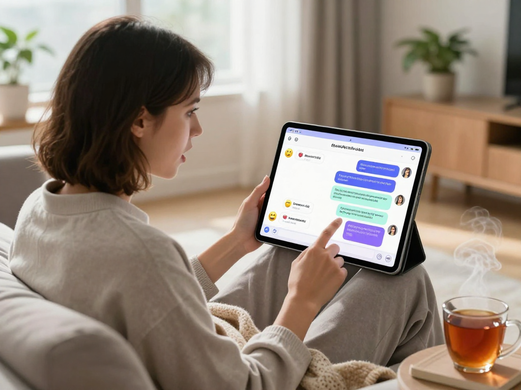 User engaged in a lively porn ai chat on a sleek tablet, showcasing vibrant conversation elements in a cozy living room.
