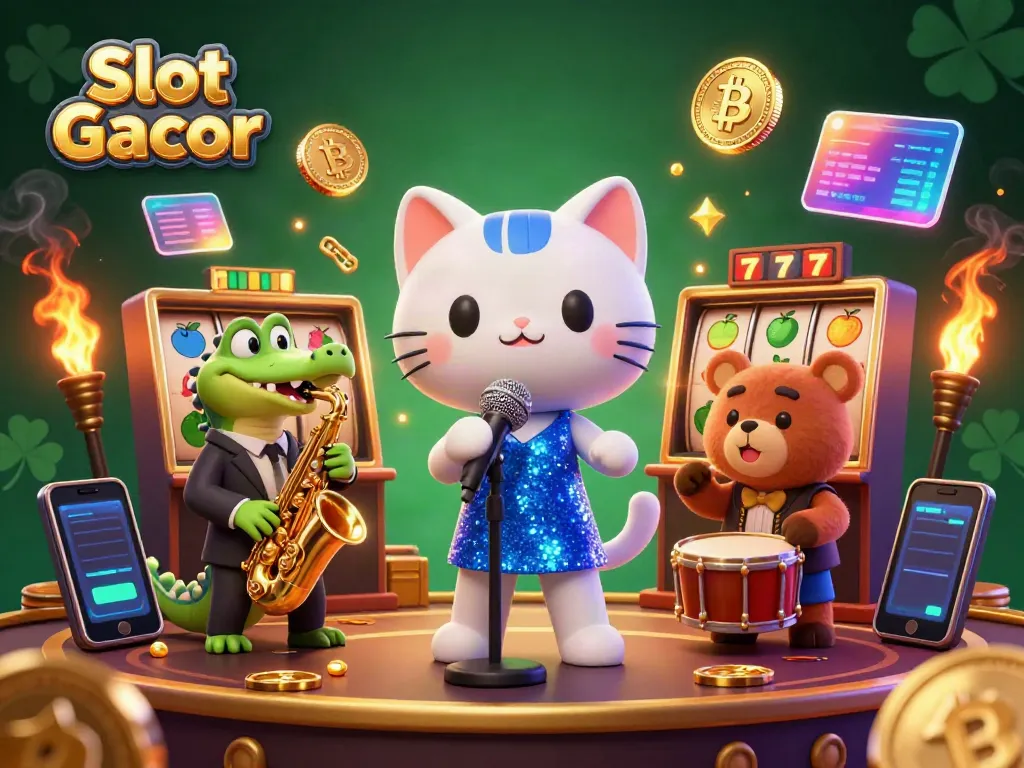 Experience the vibrant Slot Gacor scene with animated characters performing amid slot reels and crypto elements.