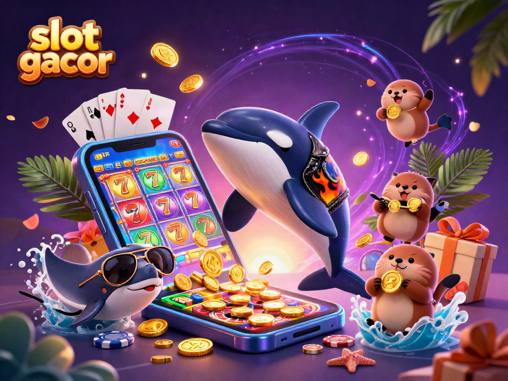 Engage with slot gacor as an orca in a leather jacket jumps with sea creatures and golden coins.