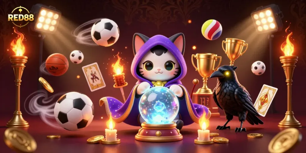 Watch the RED88 fortune teller and raven reveal winning strategies in a vibrant casino scene.