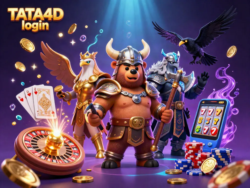 TATA4D login enhances your gambling experience with a 3D illustration of casino excitement.