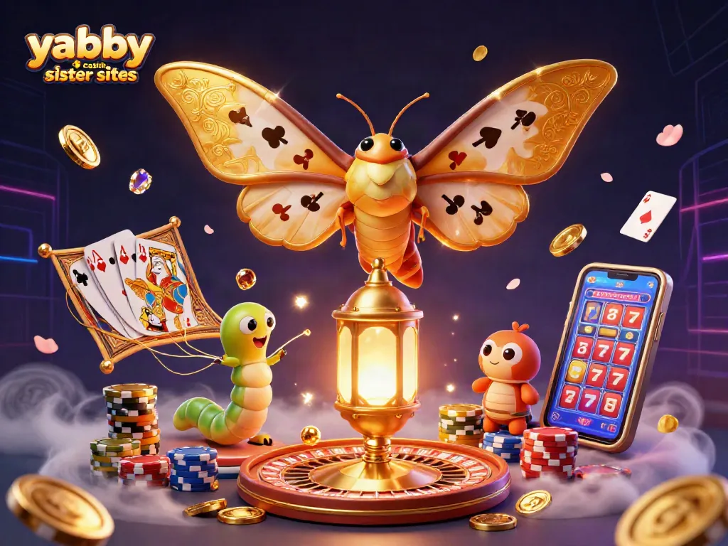 Experience the vibrant world of yabby casino sister sites with a dynamic display of casino elements and a friendly atlas moth.