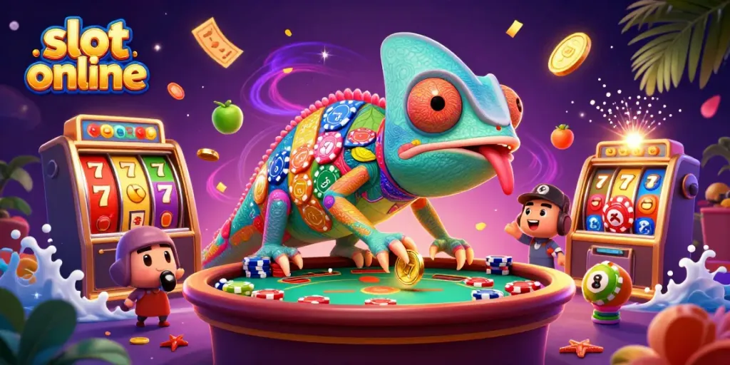 Slot online dengan karakter chameleon 3D menangkap koin emas di kasino.