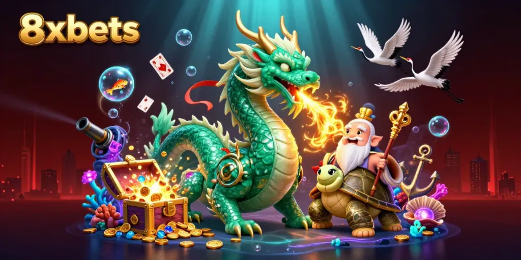 Experience the magical world of 8xbets with a dragon, turtle sage, and lucky cranes amidst vivid casino elements.