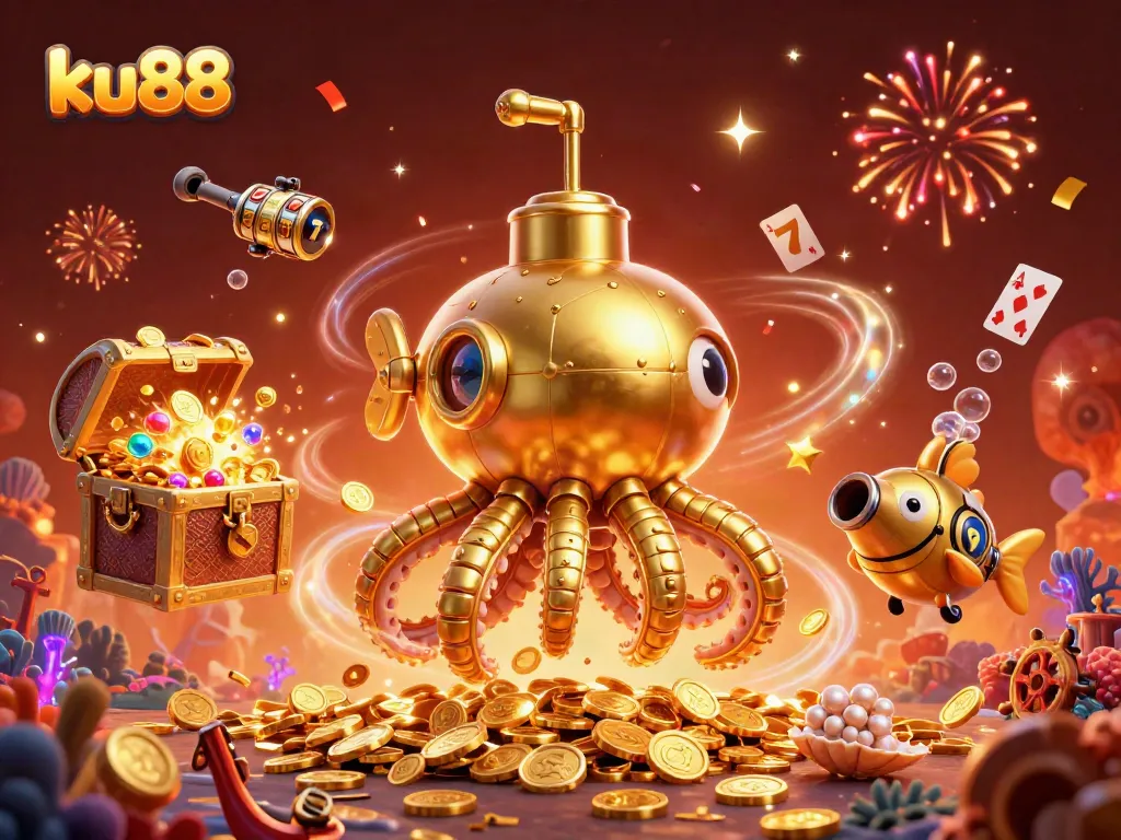 ku88 gaming immersion with golden kraken submarine through golden coins and floating slot reels