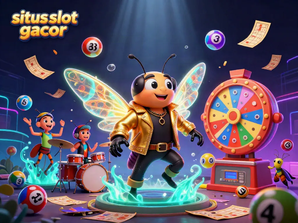 Situs slot gacor showcasing a rock star cicada in a vibrant 3D casino scene