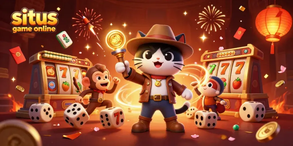Engage in situs game online with a colorful, dynamic scene featuring an explorer cat and monkey, surrounded by festive casino elements.