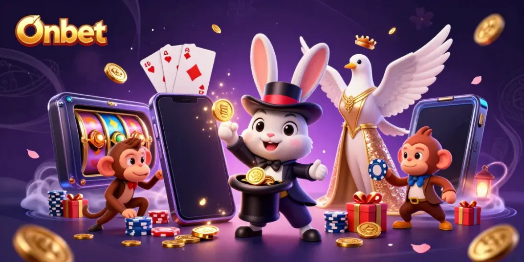 Onbet features a magician rabbit, dove, and monkey in a vibrant casino setting, showcasing games and excitement.