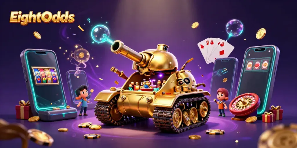 Experience thrilling gaming at EightOdds with a vibrant 3D casino-themed illustration.