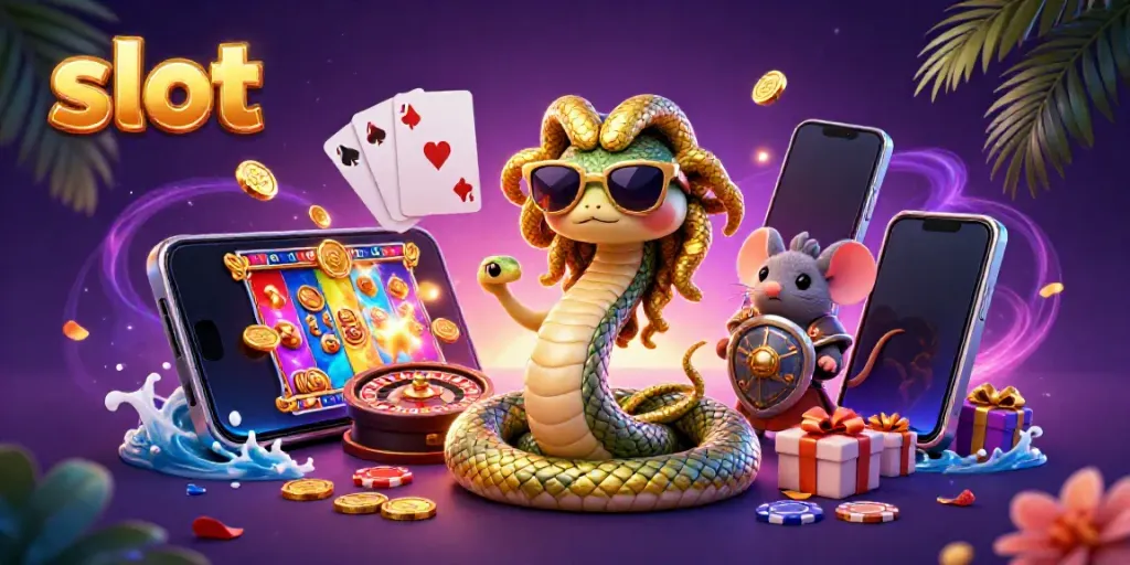 Menangkan permainan slot dengan Medusa dan mouse pejuang dalam ilustrasi penuh warna.