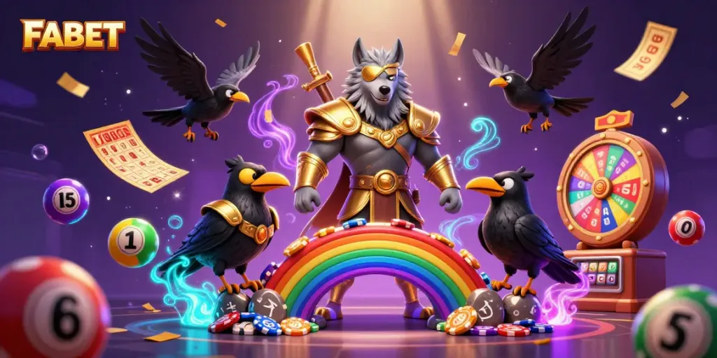 Experience FABET's thrilling universe with a vibrant illustration of casino elements and Norse mythology.