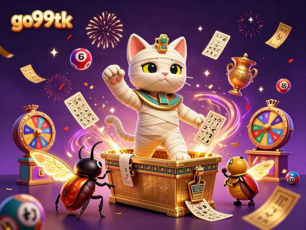 Engage with go99tk's thrilling gaming atmosphere featuring a mummy cat and floating lottery elements.