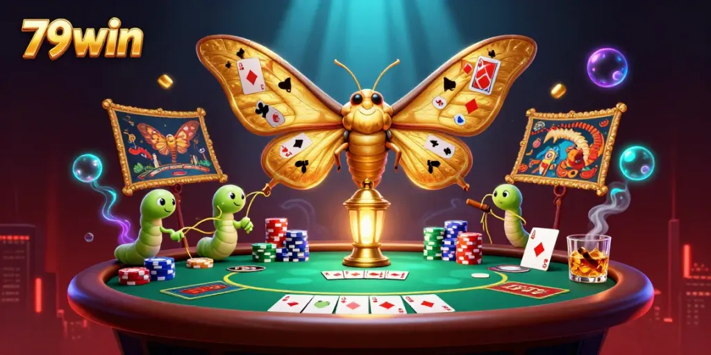 Join the excitement at 79win with a dynamic poker scene, golden moth, and rich casino elements!