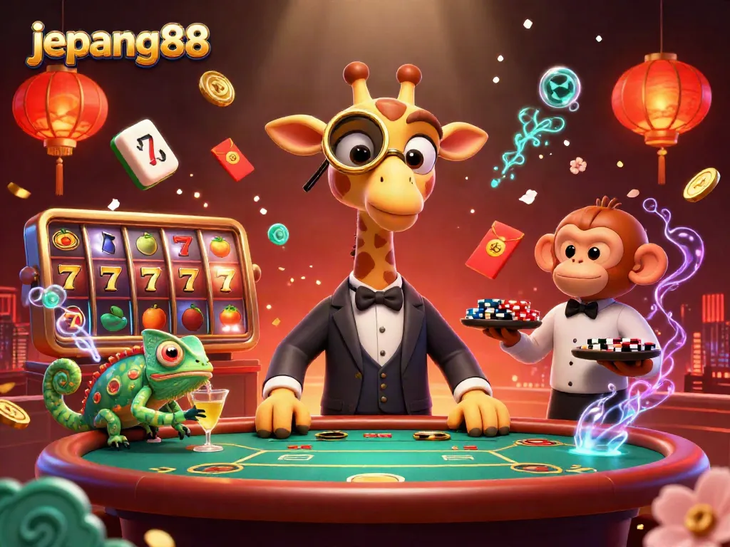 Play slot games with jepang88 as a high-roller giraffe and friends enjoy a luxurious casino atmosphere.