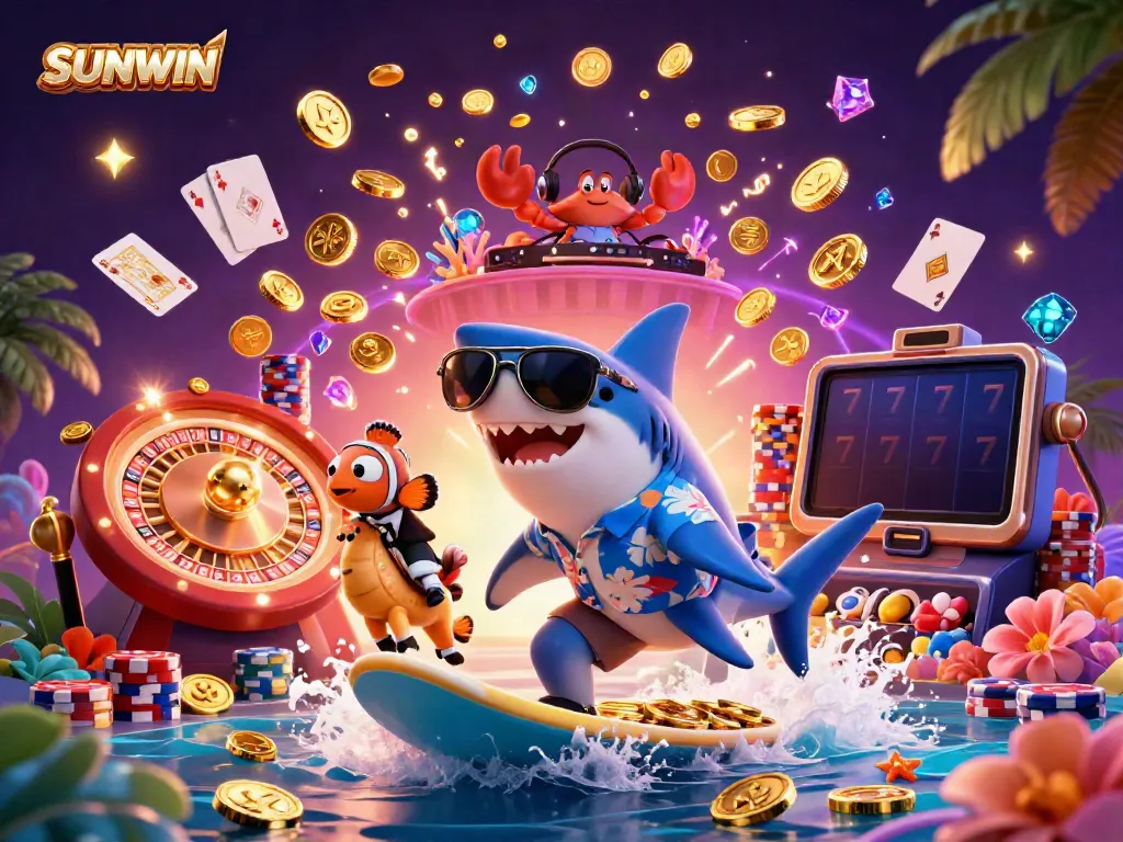 Experience thrilling games and jackpots at SUNWIN with dynamic casino-themed 3D art.
