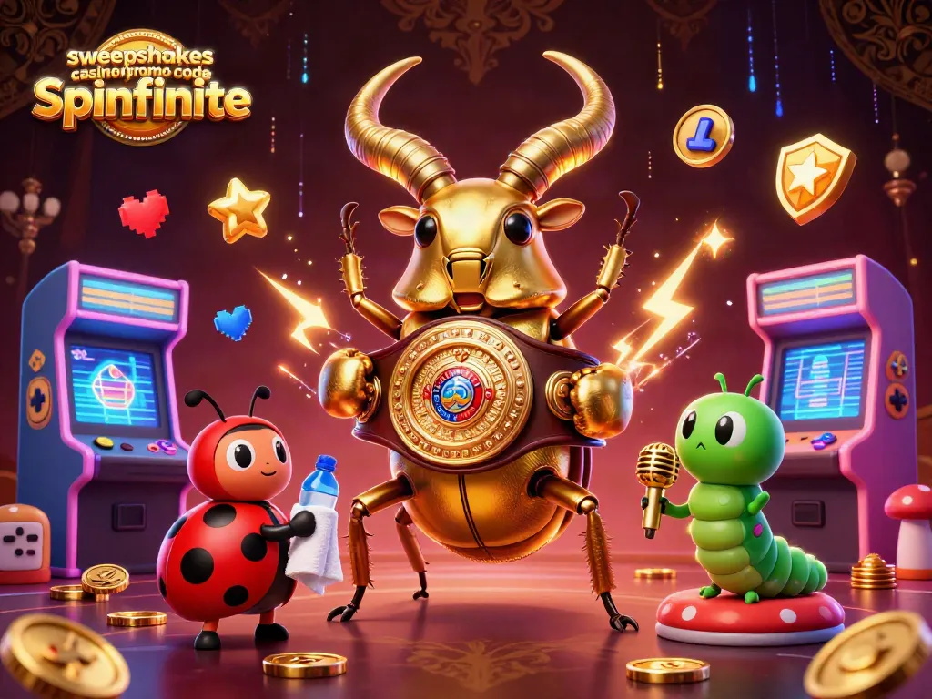 Experience thrilling wins with the sweepstakes casino promo code spinfinite, featuring vibrant ants and gaming elements.