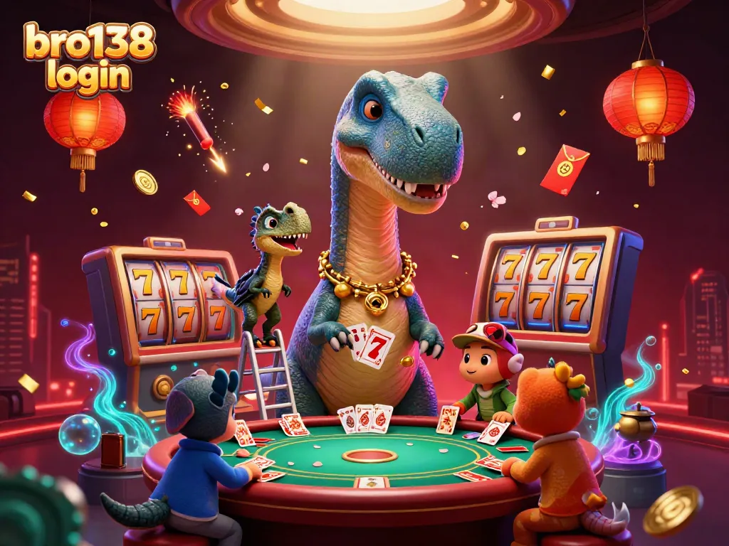 Create an engaging bro138 login experience at a vibrant casino with a giant brontosaurus and raptor dealer.