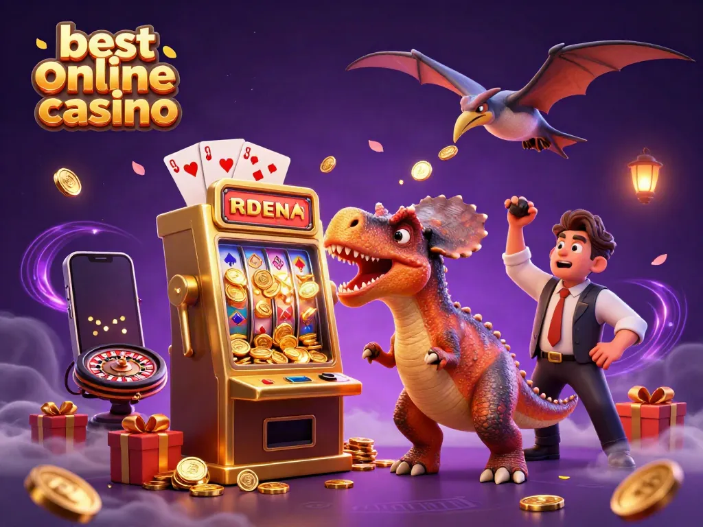 Experience the excitement at the best online casino with vibrant cartoon dinos and a jackpot win!