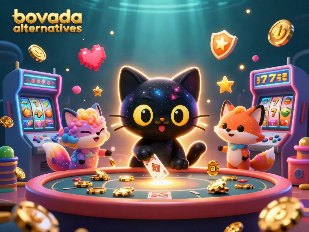 Interactive cosmic casino scene featuring bovada alternatives with playful characters and exciting gaming elements.