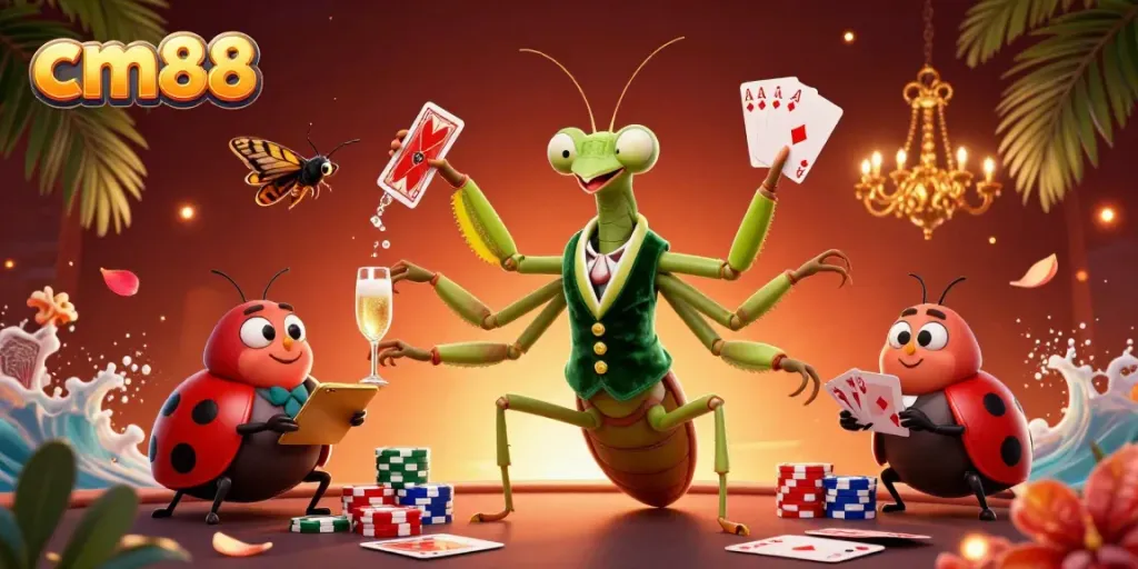 Experience exciting gameplay at cm88 with a vibrant casino scene featuring characters and cards.