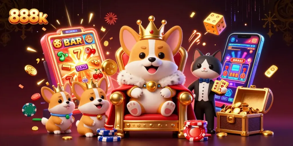 Engage with thrilling 888k casino action featuring a corgi king on poker chips surrounded by vibrant gaming elements.