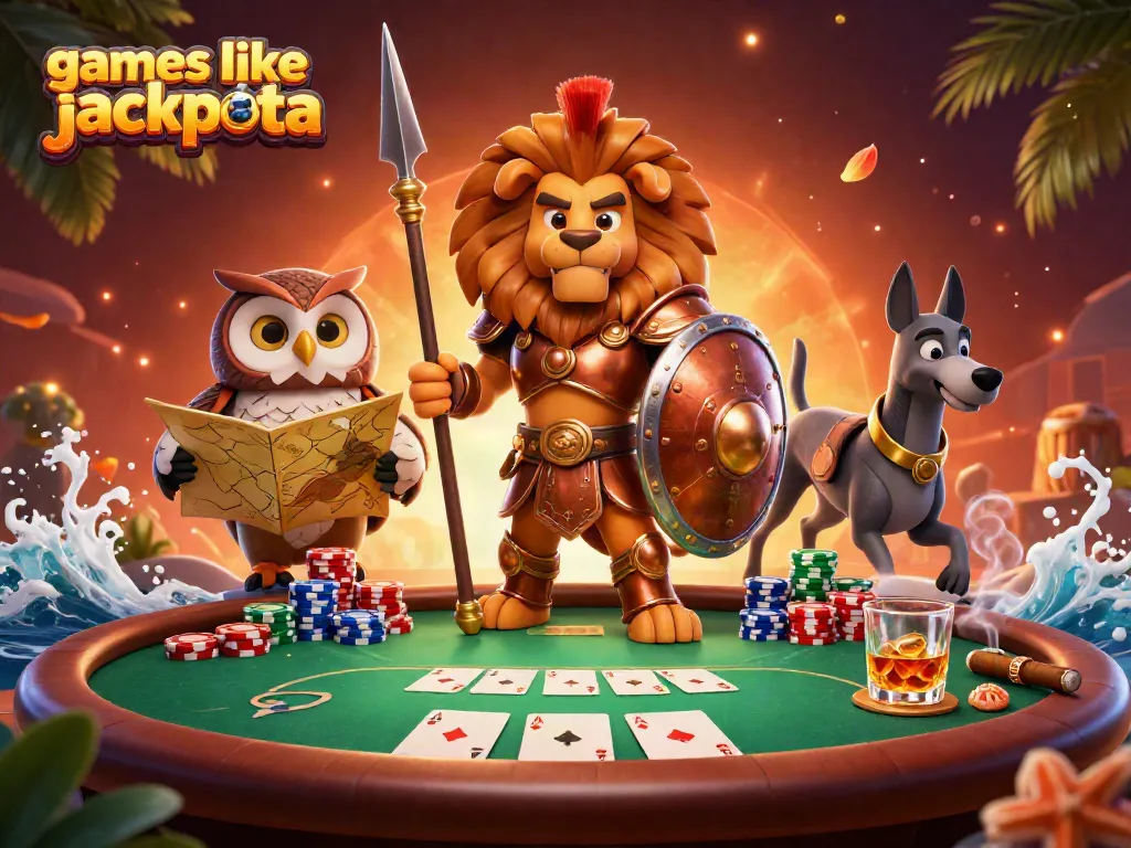Play exciting games like jackpota with our cartoon Spartan lion and poker elements.