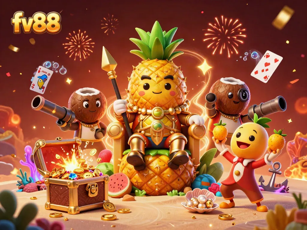 Join the fun at fv88 with a vibrant scene of the golden pineapple king and his quirky companions celebrating in a beach casino.