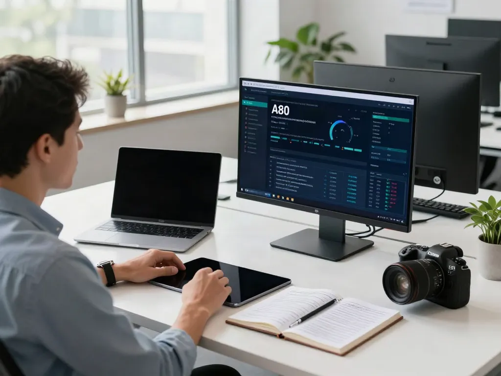 A80 information platform analytics displayed on multiple monitors in a modern tech workspace.