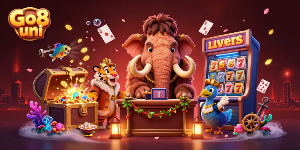 Check IDs at Go8 uni's casino entrance with a woolly mammoth bouncer and vibrant gambling elements.