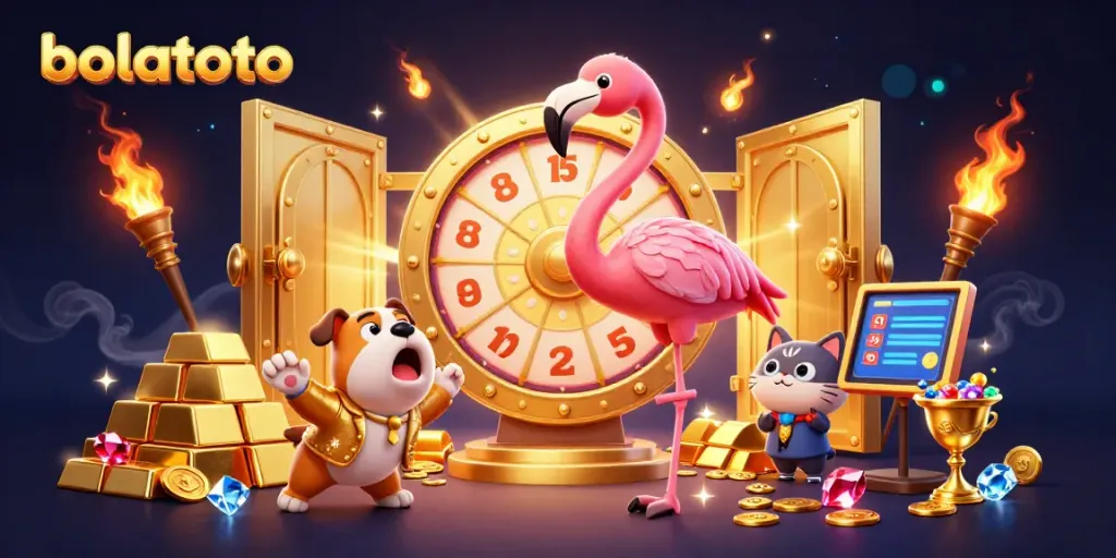 Engage with bolatoto in this thrilling 3D illustration featuring a game show host, excited contestants, and treasure elements.