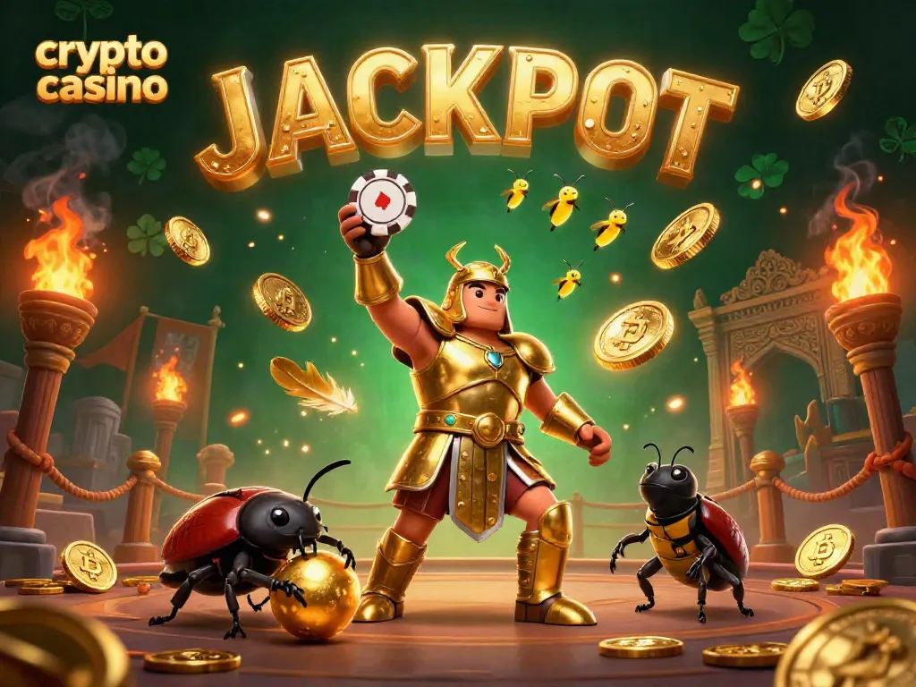 Experience the thrill at our crypto casino with a jubilant beetle in golden armor, illuminating a jackpot!