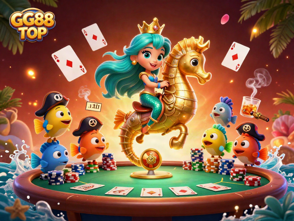 Experience GG88 TOP in a vibrant casino adventure with a mermaid and a seahorse amidst colorful poker elements.