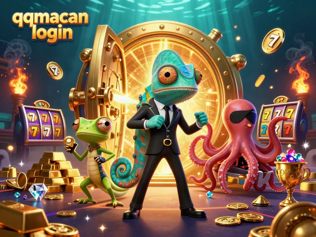 Engage in exciting gameplay with qqmacan login, showcasing a vibrant gambling scene filled with treasures and animated characters.