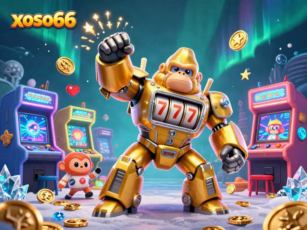 Experience thrilling gaming action with xoso66 as the golden gorilla mech and colorful arcade machines light up the scene.