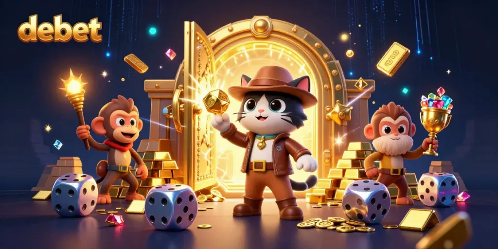 Engaging casino adventure scene featuring debet's mascot exploring a treasure-filled temple with vibrant artifacts.