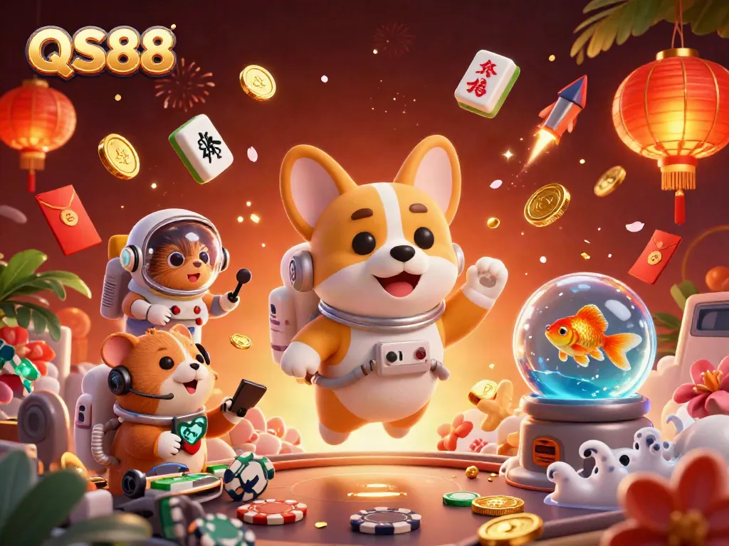 Experience the exciting world of QS88 with floating poker chips and a vibrant casino scene.