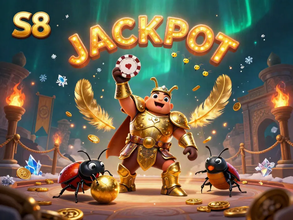 Celebrate big wins with the S8 gambling scene featuring a victorious beetle and jackpot fireflies.
