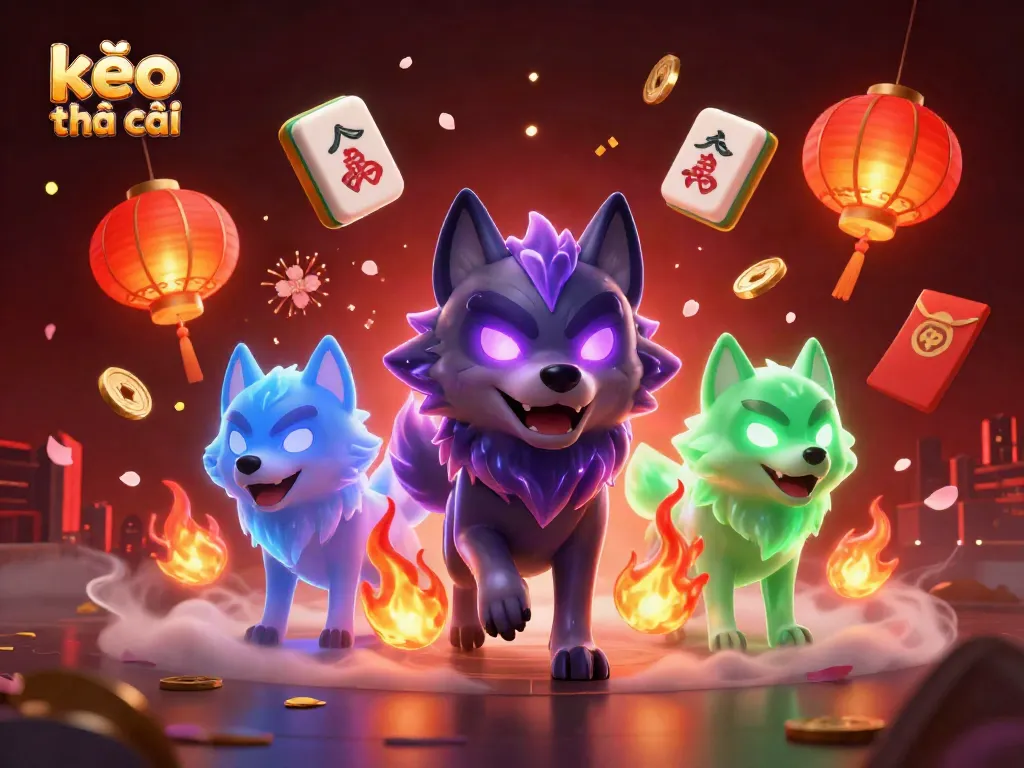 Engage with kèo nhà cái in a vibrant 3D casino world filled with energetic wolf characters and festive elements.
