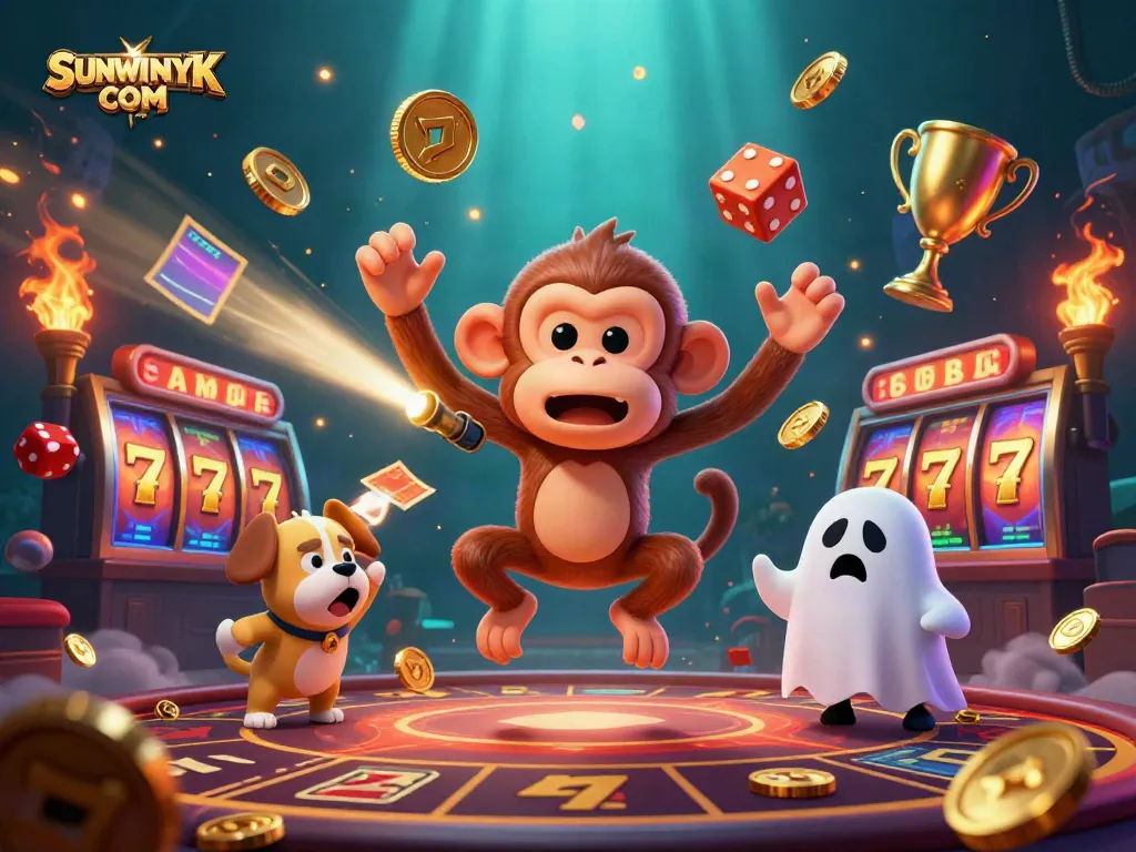 Engage with the captivating gaming scene at SUNWINYK COM featuring a dynamic mischievous monkey and a ghost-hunter puppy.