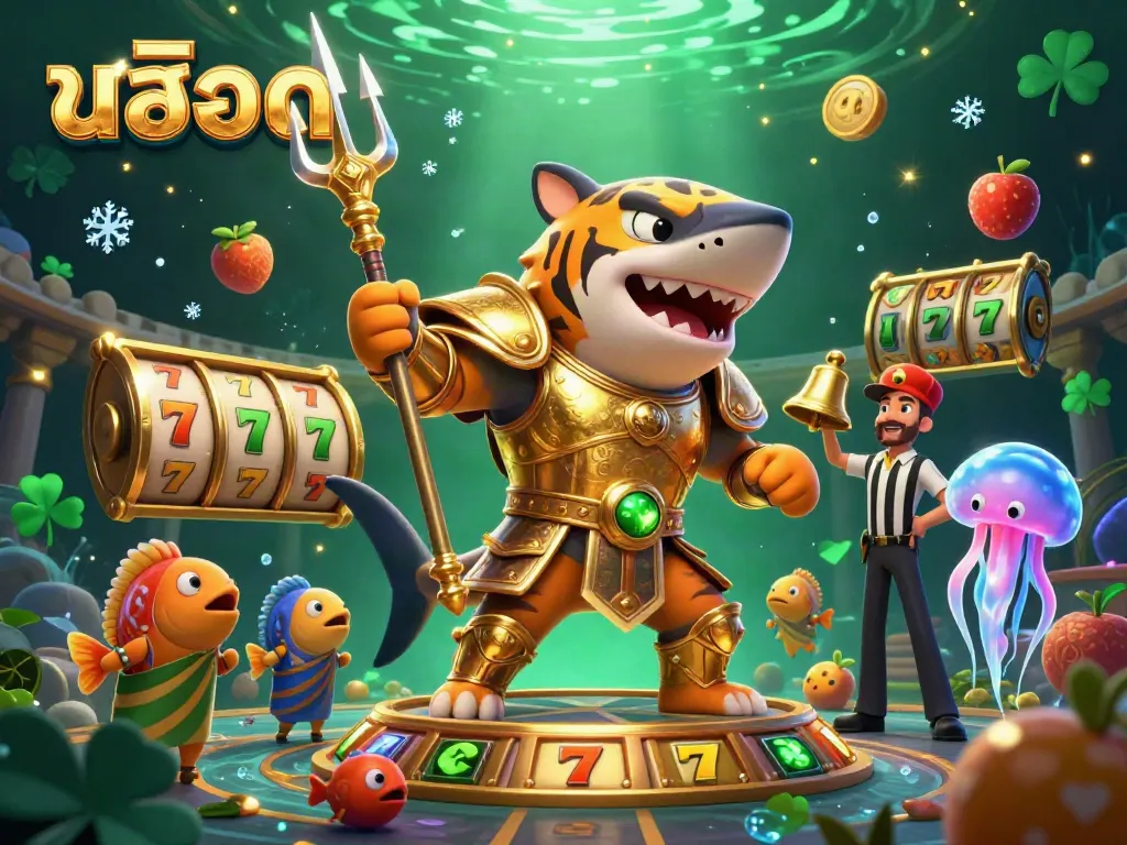Experience thrilling สล็อต action with a roaring shark amidst a vivid underwater casino setting.