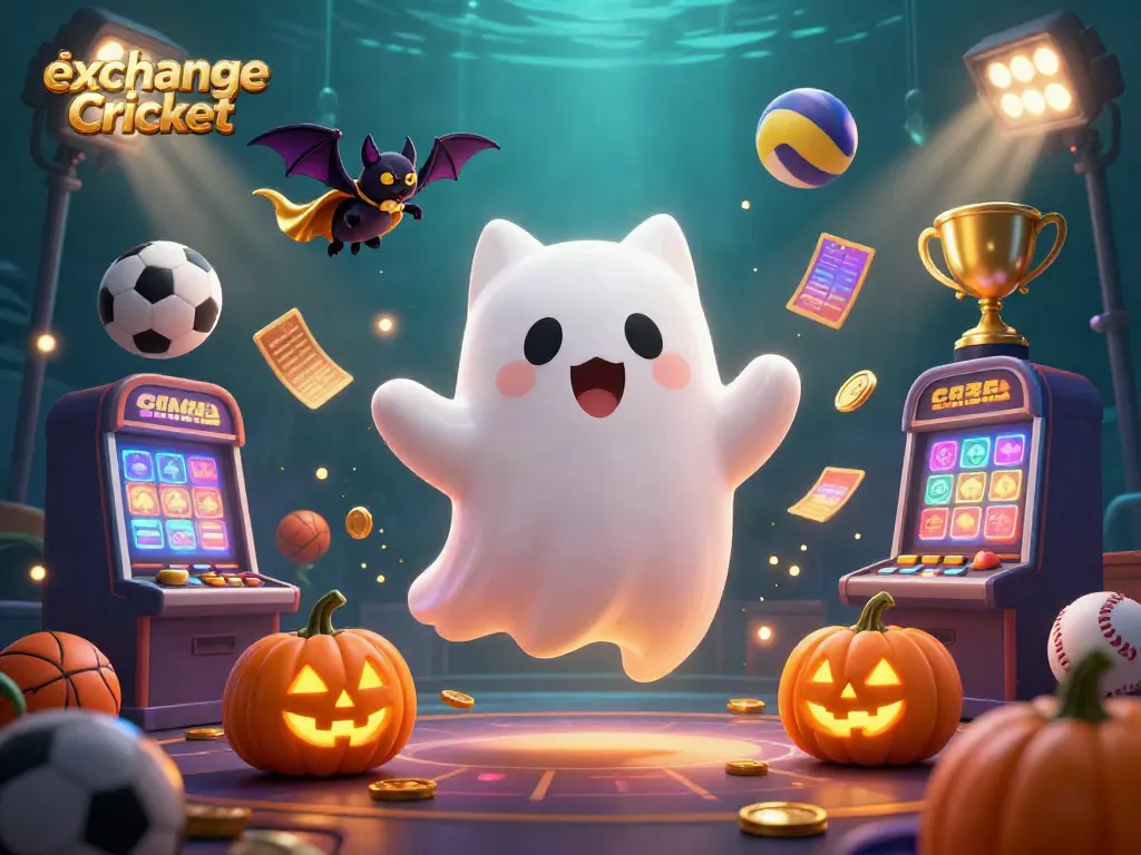 Experience sky exchange Cricket with an enchanting 3D scene of a ghost cat and sportive elements.