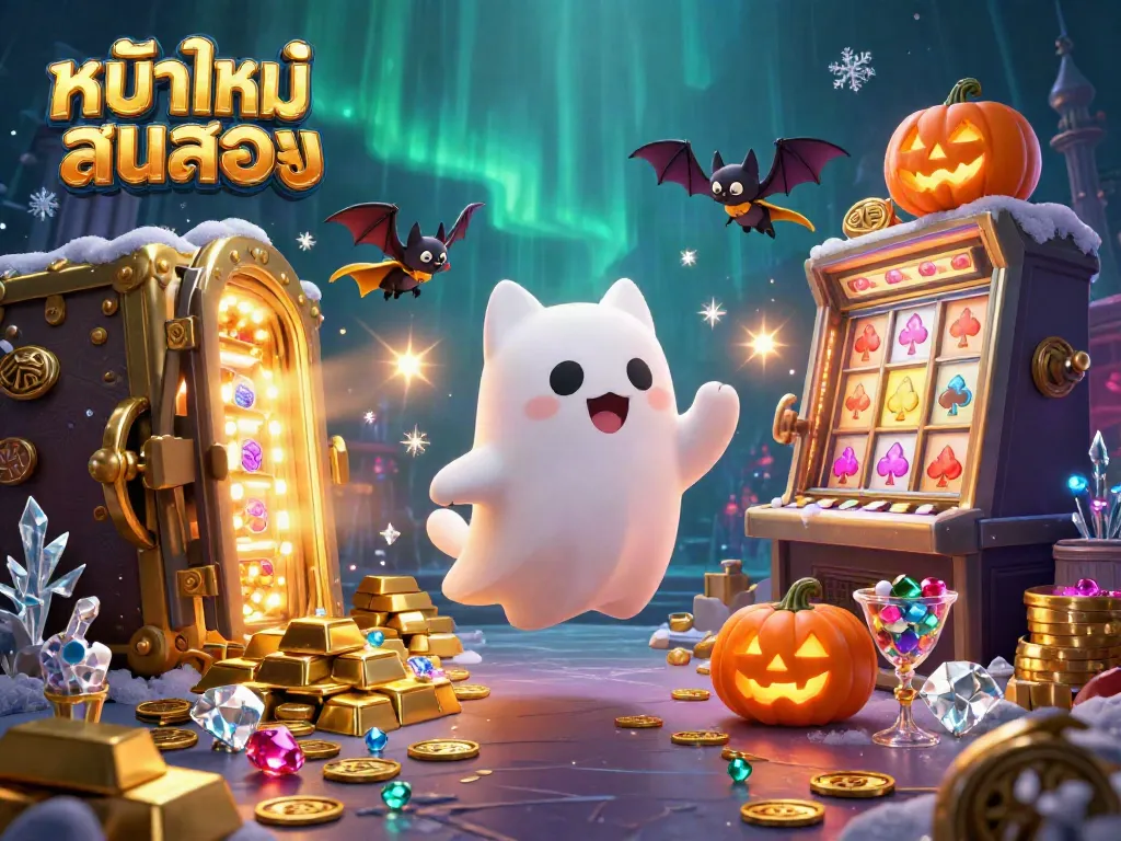 Experience thrilling หนังใหม่ชนโรง moments with a ghost cat and vampire bat in this vibrant casino scene.