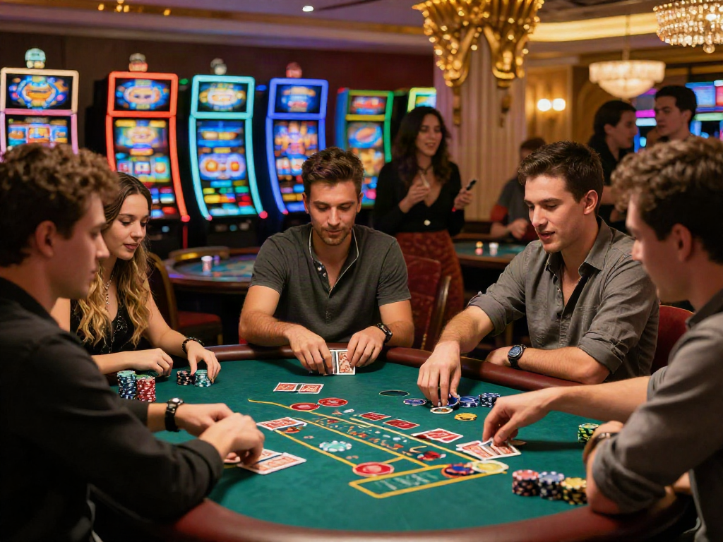 Group of friends enjoying situs toto at a lively casino table, vibrant gaming atmosphere.