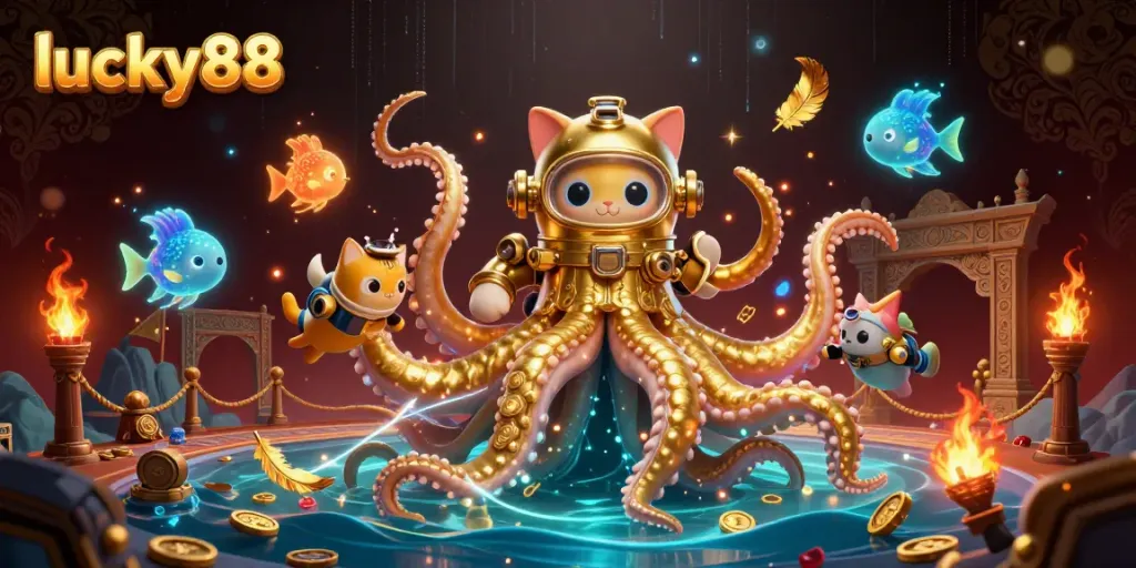 Experience the thrill of lucky88 with dynamic characters and casino elements amid a vivid underwater scene.
