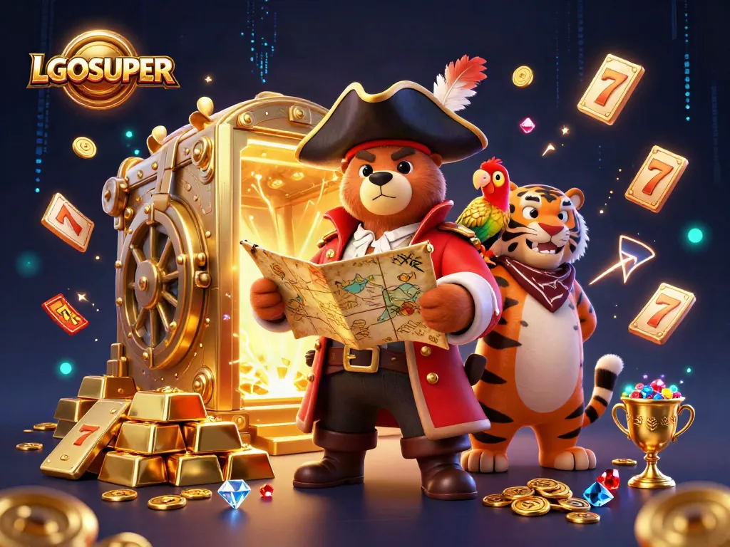 Experience thrilling gaming excitement in LGOSUPER with vibrant 3D characters amidst slot reels and treasures.