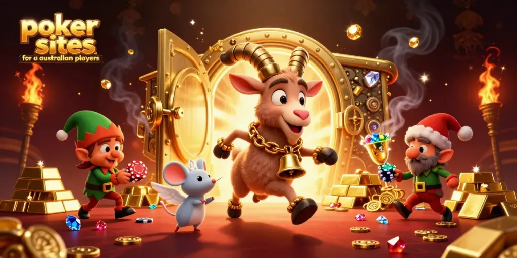 Poker sites for Australian players engage in thrilling casino action with festive characters.