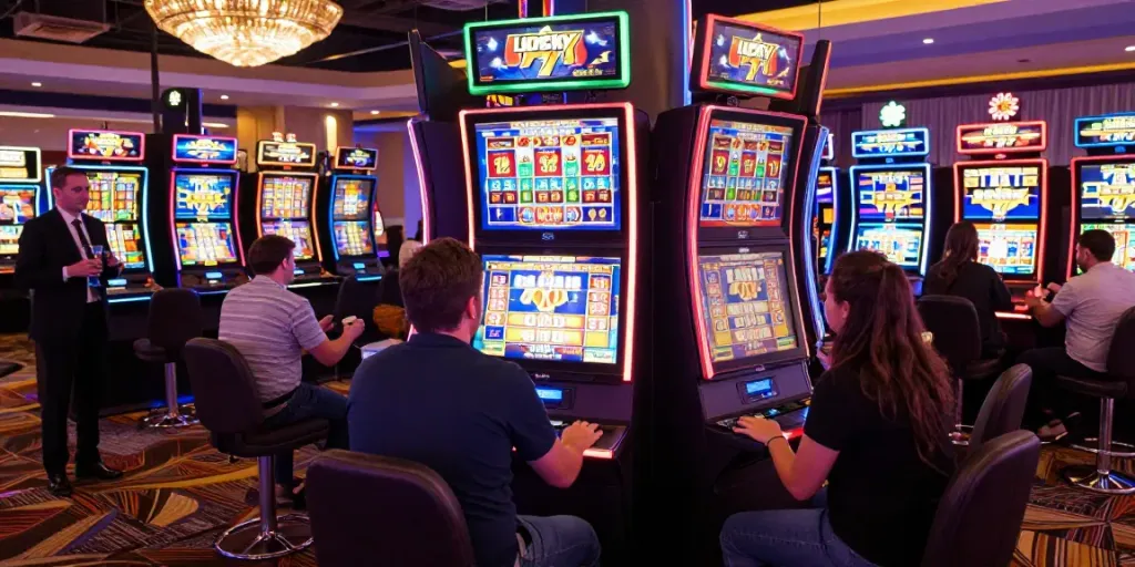 Exciting gaming atmosphere with Lucky777 slot machines, vibrant casino scene.
