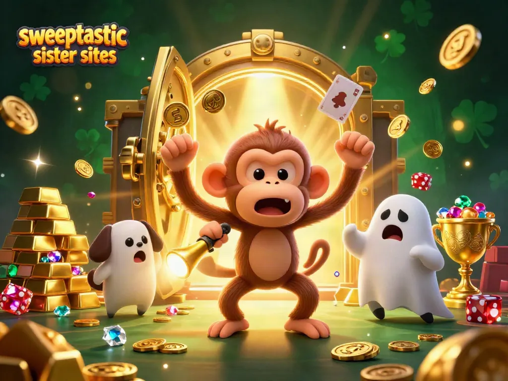 Sweeptastic sister sites featuring a playful poltergeist monkey and curious ghost-hunter puppy in a treasure-filled casino scene.