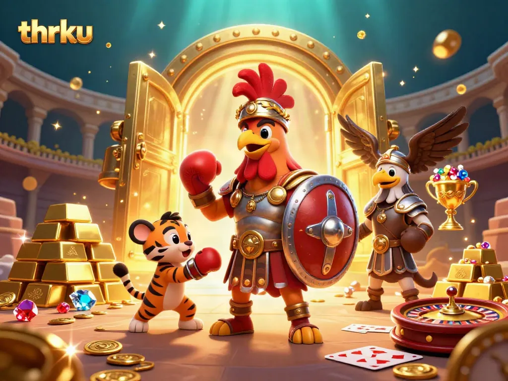 Join the action at thrku with a thrilling 3D scene featuring a gladiator rooster, vibrant gems, and casino elements.